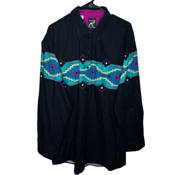 Vintage 90s Roper Western Aztec Button Down Shirt 2XT - Picture 1 of 4
